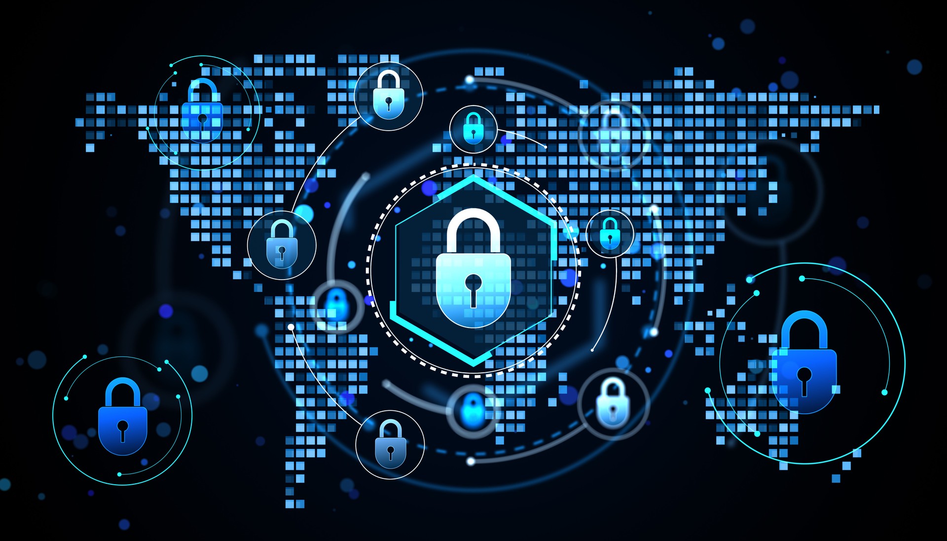 Cybersecurity concept with digital padlocks over pixelated world map background, symbolizing global data protection and secure technology systems. 3D Rendering